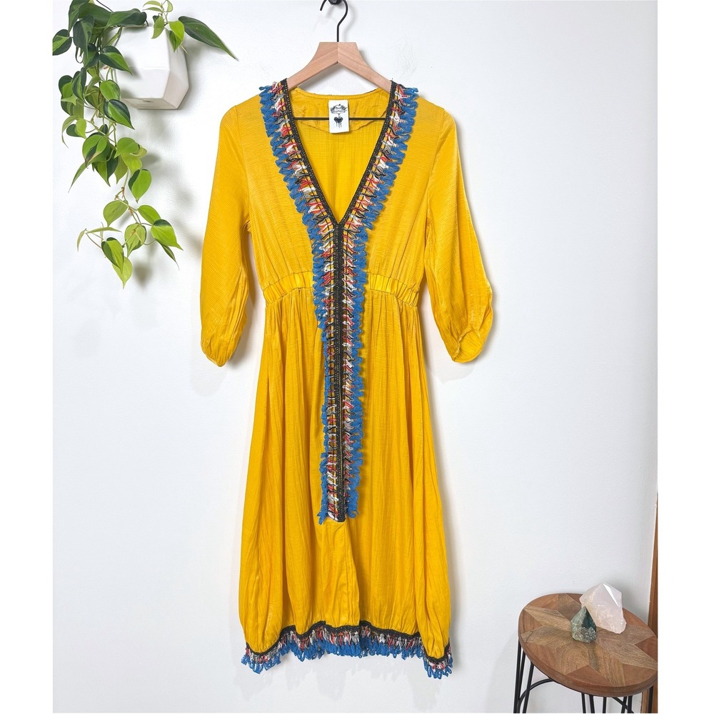 Nuvula Mustard Yellow Boho Midi Dress Embroidery Fringe S Artisan Colorful